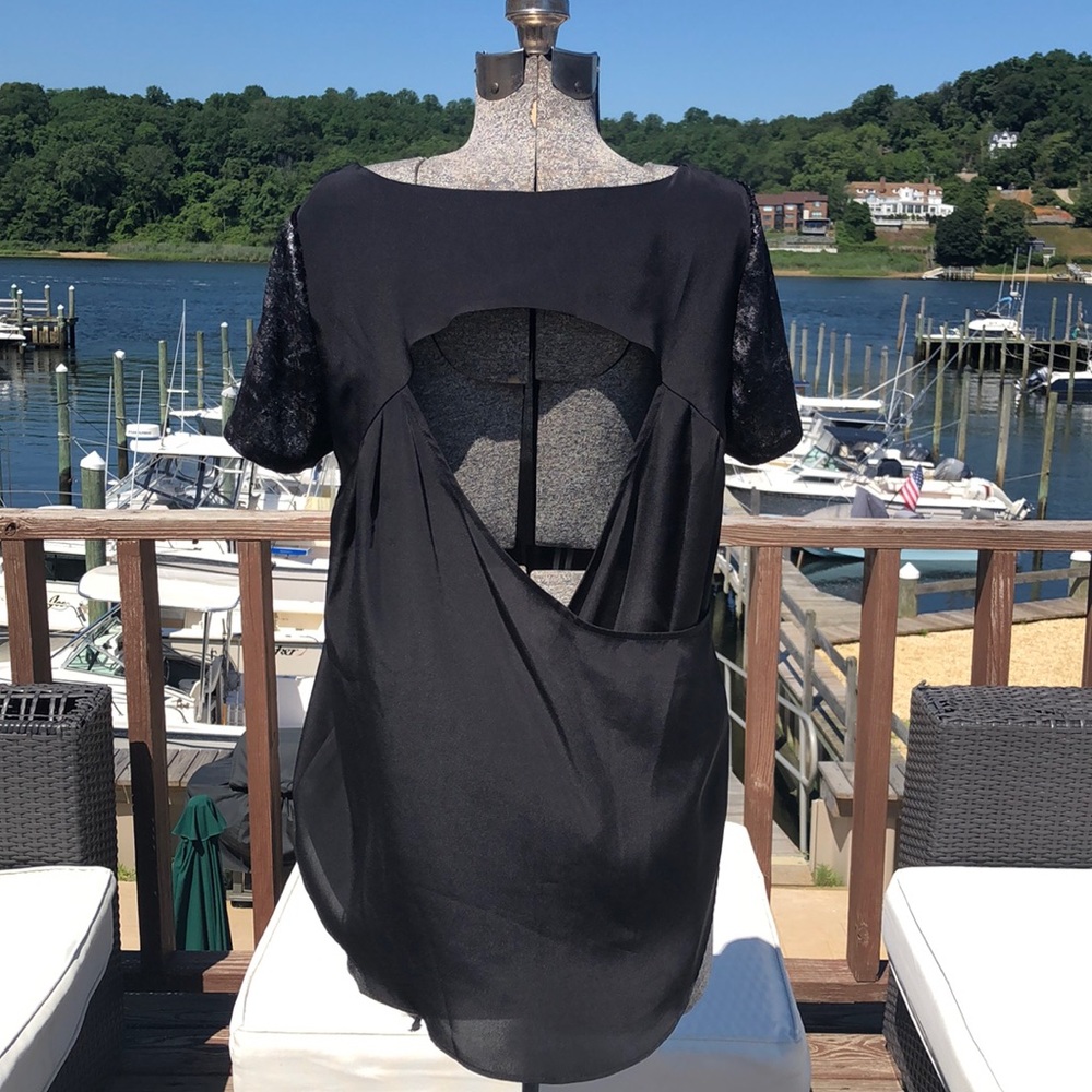 BCBG black blouse open back short sleeve light weight cutout back